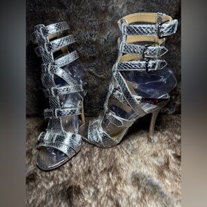 michael kors collection ming snakeskin gladiator sandals silver